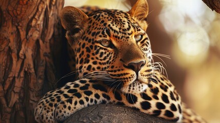 stunning closeup shots of a majestic leopard resting on a tree in the wilderness
