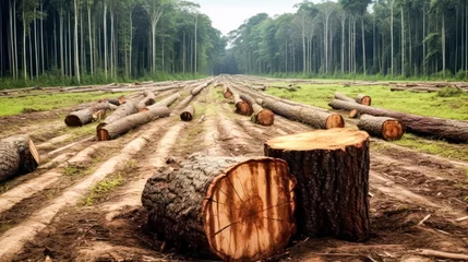 Zelfklevend Fotobehang Rainforest devastation for oil palm plantations illustrates the pressing environmental issue of deforestation, impacting biodiversity and ecosystems. © Людмила Мазур