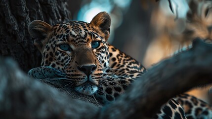 Naklejka premium majestic leopard resting on a tree in stunning closeup shots