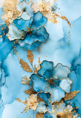 Elegant light blue flowers and gold glitter elements  on alcohol ink background