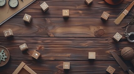 Top view of wood table: creepy business concept with wooden cubes and icons - creative strategy image for marketing and branding