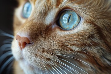 Striking close-up image of an orange tabby cat showing detailed textures of its fur and captivating...