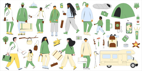 Travel people camping set isolated on white background. Hiking trip elements. Spring and summer vacation picnic tools. Cookout nature tourism. Camp trip with characters. Vector flat illustration
