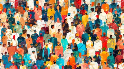 Fototapeta na wymiar Vibrant diversity: abstract art seamless pattern of colorful people crowd. Illustration celebrating multi-ethnic community and cultural diversity in modern collage painting