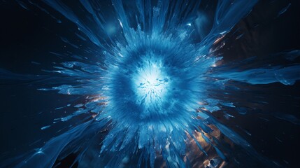 Abstract ice sculptures shimmer after the explosion. Blue background adds depth to the scene.