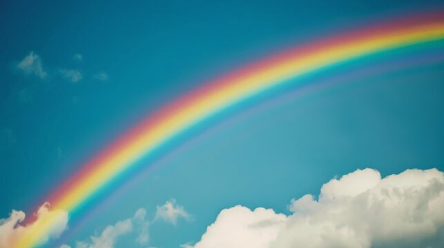panoramic view of a majestic rainbow arching across the heavenly blue sky with fluffy clouds