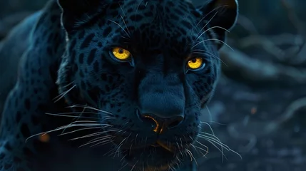 Tuinposter a captivating closeup of a black panther against a dark background © CinimaticWorks