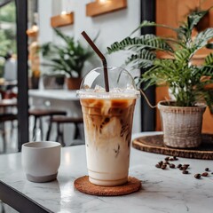 Mockup of iced coffee milk in a plastic cup inside a cafe 