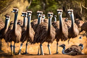 Foto op Aluminium Group of Emu birds in the wild A group of ostriches stands together in a brown field, various sizes gazing the same way, with some stretching their long necks © MSohail