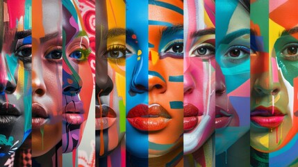 Vibrant and eerie: collage of women's faces in an array of striking colors, perfect for artistic projects and halloween themes