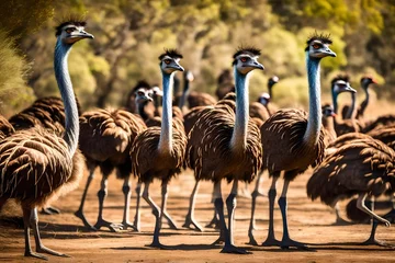 Gordijnen Group of Emu birds in the wild A group of ostriches stands together in a brown field, various sizes gazing the same way, with some stretching their long necks © MSohail