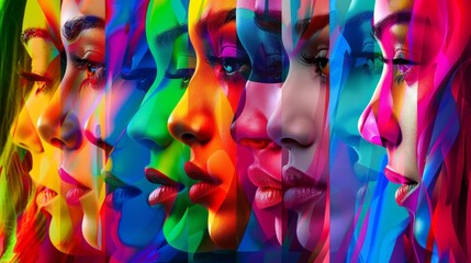 Vibrant and eerie: collage of women's faces in an array of striking colors, perfect for artistic projects and halloween themes - obrazy, fototapety, plakaty