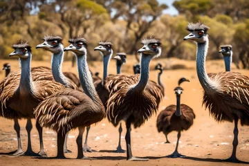 Fotobehang Group of Emu birds in the wild A group of ostriches stands together in a brown field, various sizes gazing the same way, with some stretching their long necks © MSohail