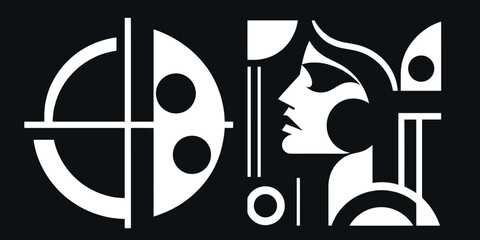 Woman's face, geometric shapes. Abstract art work. Suprematism, Cubism. White on black. Vector illustration