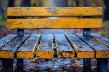 Fototapeta premium A weathered yellow bench with raindrops, surrounded by fallen leaves in an autumnal park scene