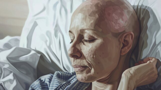 closeup of sad female cancer patient with bald hair resting on bed in hospital, depicting the emotional struggle and healthcare support during illness