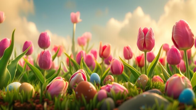 a field of tulips with peeking out hidden Easter eggs in enchanted environment