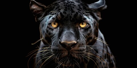 closeup of black panther isolated on dark background with yellow eyes, majestic and fierce predator of the jungle