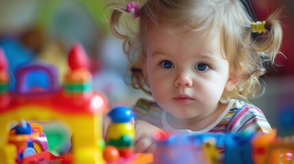 kid playing with toys at home, closeup of cheerful indoor leisure activity for child happiness and family enjoyment