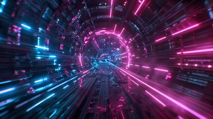 3D Futuristic circuit background. Motion graphic for abstract data center, server, internet, speed. Futuristic HUD tunnel. Display screens for tech titles and background, tech headline. 3D render