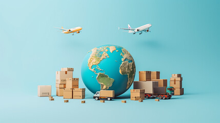 Fototapeta premium Global Logistics and Worldwide Shipping Concept with Earth, Trucks, and Airplanes