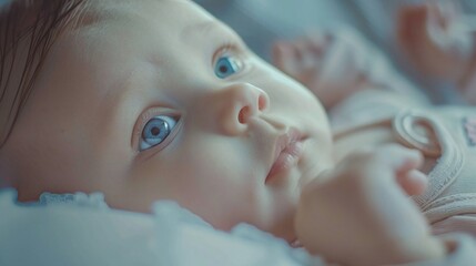 closeup of blue-eyed newborn baby lying on bed at home, adorable infant enjoying cozy nap in peaceful environment - obrazy, fototapety, plakaty