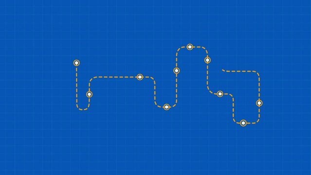 Continuous one line drawing of path with map location pointers. Single line drawing route or way with map pin or navigation pointer that mark geolocation. 4K video animation with alpha channel.