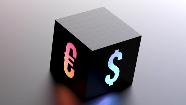 Dollar and Euro symbol, sign on a cube, animation 3D render. Rotating cube with glowing euro and dollar