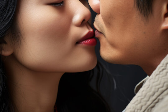 Close Up Of Young Asian Couple Kissing