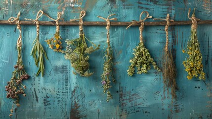 Assorted hanging Herbs on an old and vintage wooden blue background, for seasoning concept.