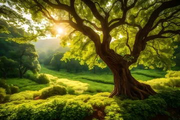 Tuinposter trees in the forest , Bask in the beauty of nature's resilience with a captivating view of a small tree basking in the warm embrace of sunshine in a garden © SANA