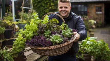 Young man with down syndrome working at garden centre, carrying basket with plants