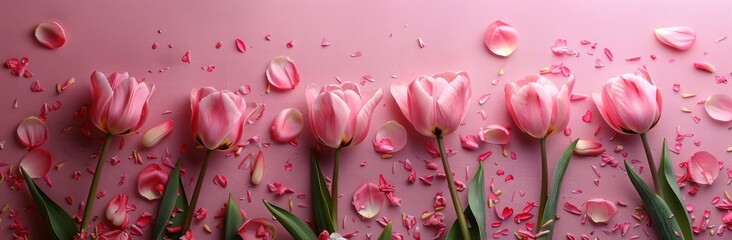 flowers of pink tulips with petals spread on a pink background - obrazy, fototapety, plakaty
