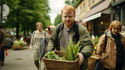 Young man with down syndrome working at garden center, carrying basket filled with various plants