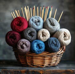 many skeins of yarn along with knitting needles in a basket