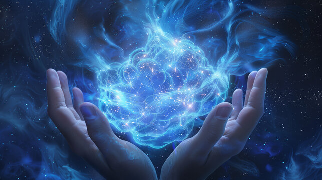 Conceptual Image of Hands Holding a Glowing, Nebulous Brain Symbolizing Intelligence and Innovation