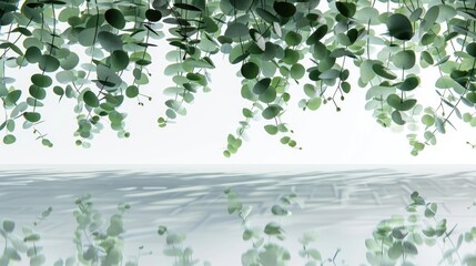 Fresh eucalyptus branches with round leaves delicately hanging and casting reflections on a white surface.