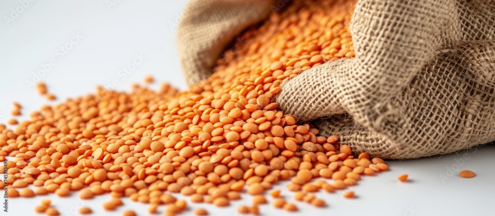 Poster a close-up shot showcasing a burlap sack filled with red lentils spilling out of it against a white 