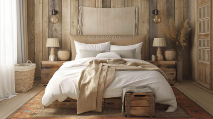 Rustic Bedroom with Textured Bedding and Wooden Wall Panels
