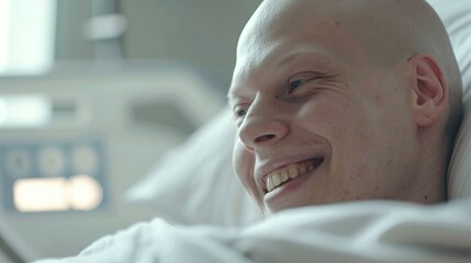 closeup of a smiling patient with bald hairs in hospital bed, showcasing hope and resilience in cancer treatment