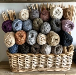 Fototapeta na wymiar many skeins of yarn along with knitting needles in a basket
