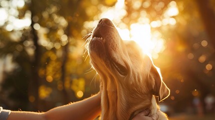 playful labrador dog and owner enjoying time together in park, closeup of joyful bonding and...