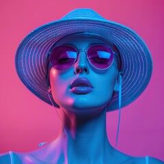 Fototapeta premium mannequin on pink background in sunglasses, in the blue evening in summer hat