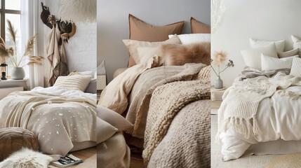 Bohemian Bedroom Trio with Earthy Tones and Textural Comfort

