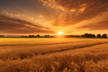 Picture of a beautiful natural scene, the sun setting over a field of golden wheat grains