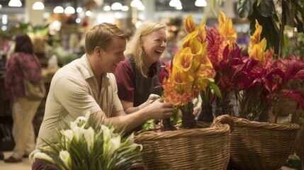 Young man with down syndrome working in garden centre, carrying basket with plants