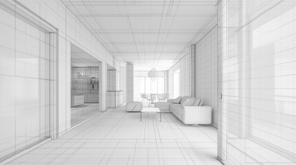 interior of a modern office with wireframe virtual reality effects