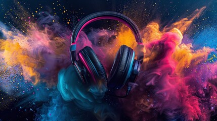 Obraz na płótnie Canvas abstract colorful banner with headset headphones and musical instruments design, creating a lively atmosphere