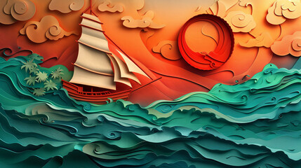 A paper cut art by Chinese painters with a sail