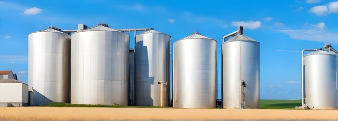 Grain silos in a wheat field for storing agricultural produce